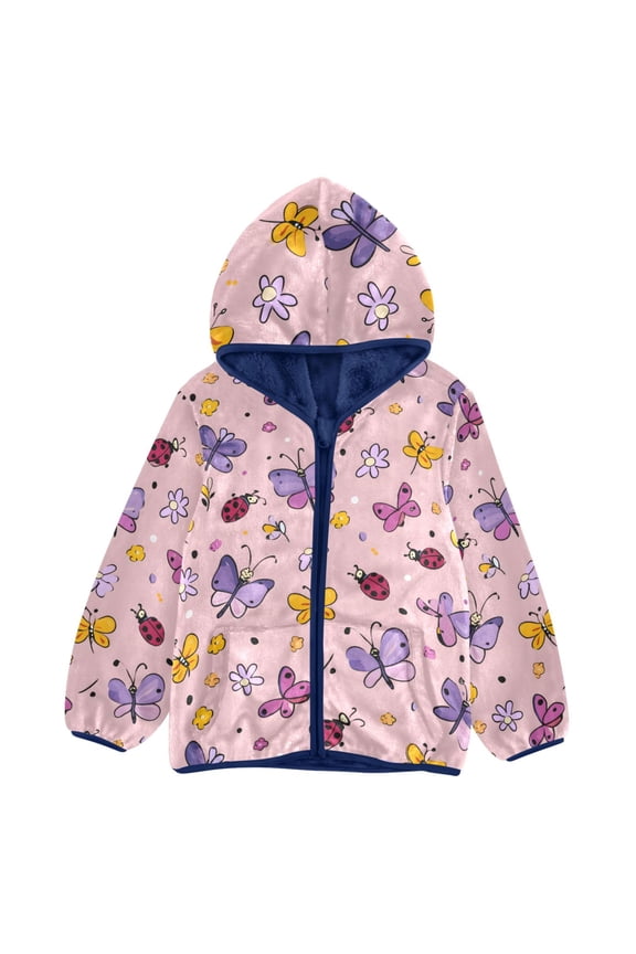 BZSMCE Double-Sided Sherpa Fleece Hooded Zipper Jacket Seven Spotted Ladybug Pattern Pattern Batik Dye Method Print Warm Outerwear