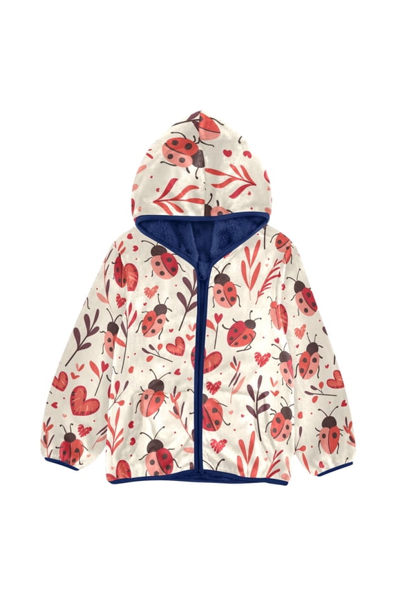BZSMCE Double-Sided Sherpa Fleece Hooded Zipper Jacket Seven-spotted Ladybug Love Flowers and Plants Pattern Pattern Batik Dye Method Print Warm Outerwear