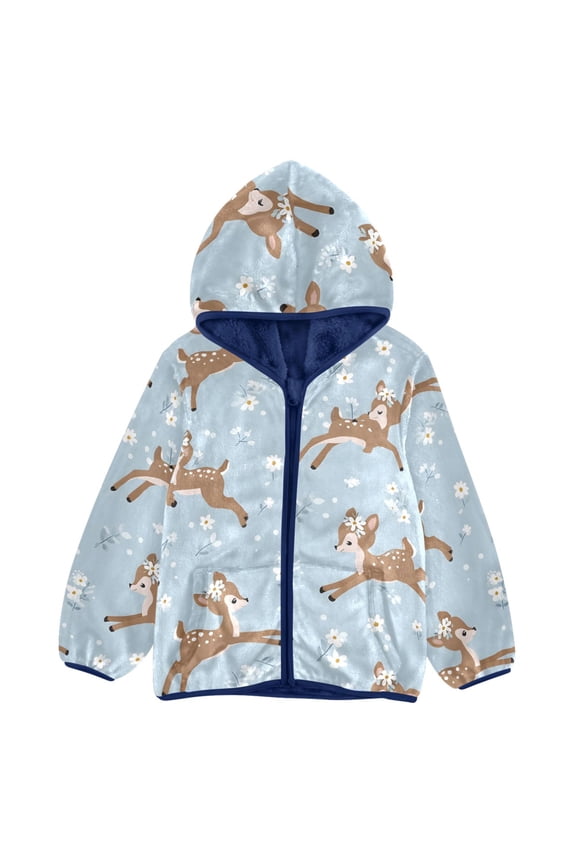 BZSMCE Double-Sided Sherpa Fleece Hooded Zipper Jacket Sika Deer Pattern Pattern Batik Dye Method Print Warm Outerwear