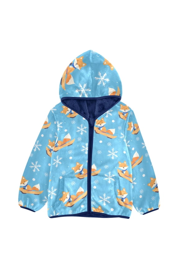 BZSMCE Double-Sided Sherpa Fleece Hooded Zipper Jacket Ski Fox Pattern Pattern Batik Dye Method Print Warm Outerwear
