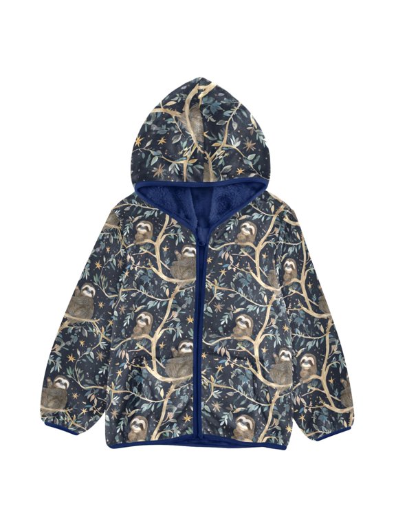 BZSMCE Double-Sided Sherpa Fleece Hooded Zipper Jacket Sloth Branches Pattern Pattern Batik Dye Method Print Warm Outerwear