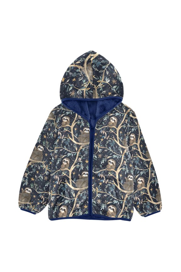 BZSMCE Double-Sided Sherpa Fleece Hooded Zipper Jacket Sloth Branches Pattern Pattern Batik Dye Method Print Warm Outerwear