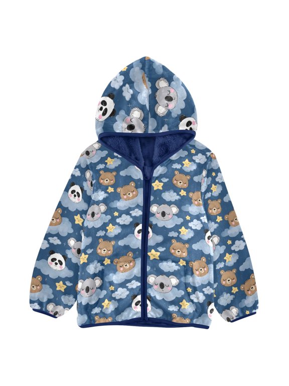 BZSMCE Double-Sided Sherpa Fleece Hooded Zipper Jacket Sloth Panda Pattern Pattern Batik Dye Method Print Warm Outerwear