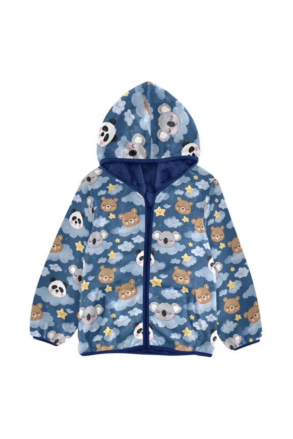 BZSMCE Double-Sided Sherpa Fleece Hooded Zipper Jacket Sloth Panda Pattern Pattern Batik Dye Method Print Warm Outerwear