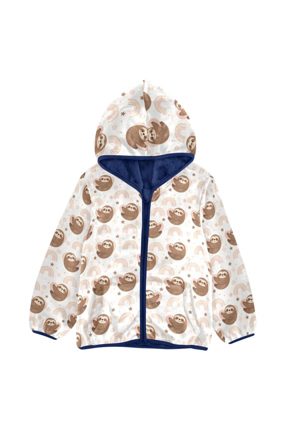 BZSMCE Double-Sided Sherpa Fleece Hooded Zipper Jacket Sloth Pattern Pattern Batik Dye Method Print Warm Outerwear