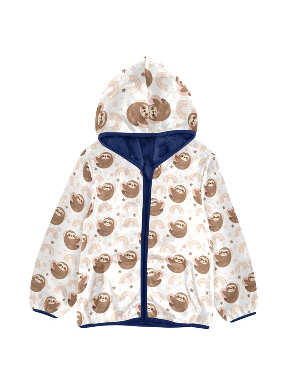 BZSMCE Double-Sided Sherpa Fleece Hooded Zipper Jacket Sloth Pattern Pattern Batik Dye Method Print Warm Outerwear