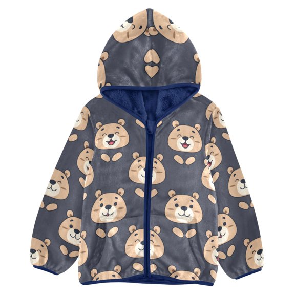 BZSMCE Double-Sided Sherpa Fleece Hooded Zipper Jacket Smiling Bear Pattern Batik Dye Method Print Warm Outerwear