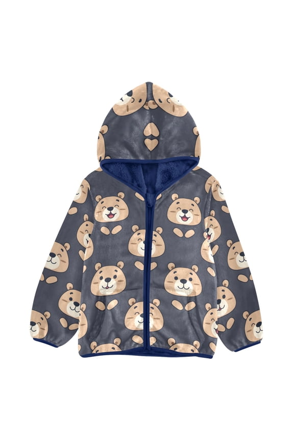 BZSMCE Double-Sided Sherpa Fleece Hooded Zipper Jacket Smiling Bear Pattern Batik Dye Method Print Warm Outerwear