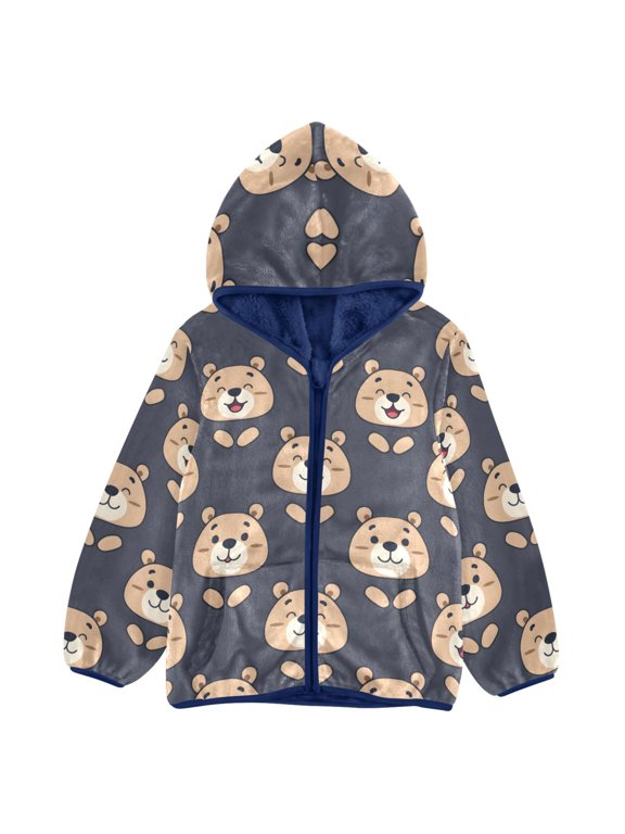 BZSMCE Double-Sided Sherpa Fleece Hooded Zipper Jacket Smiling Bear Pattern Batik Dye Method Print Warm Outerwear