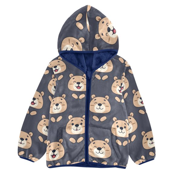 BZSMCE Double-Sided Sherpa Fleece Hooded Zipper Jacket Smiling Bear Pattern Batik Dye Method Print Warm Outerwear