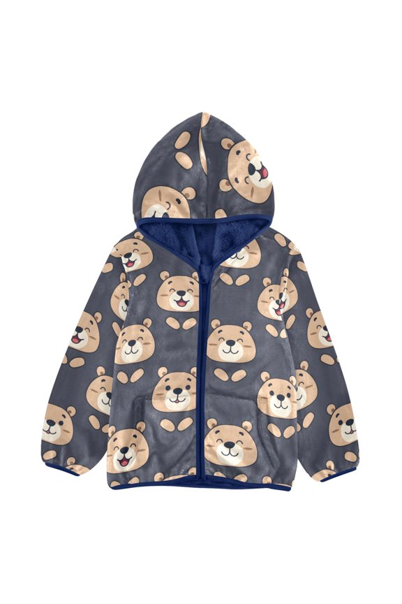BZSMCE Double-Sided Sherpa Fleece Hooded Zipper Jacket Smiling Bear Pattern Batik Dye Method Print Warm Outerwear