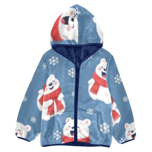BZSMCE Double-Sided Sherpa Fleece Hooded Zipper Jacket Snow Bear Pattern Pattern Batik Dye Method Print Warm Outerwear
