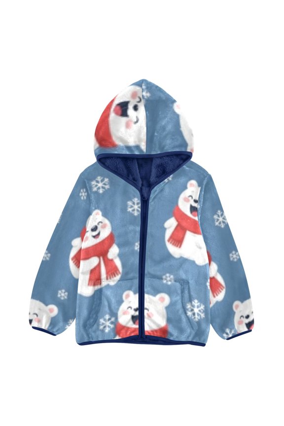 BZSMCE Double-Sided Sherpa Fleece Hooded Zipper Jacket Snow Bear Pattern Pattern Batik Dye Method Print Warm Outerwear