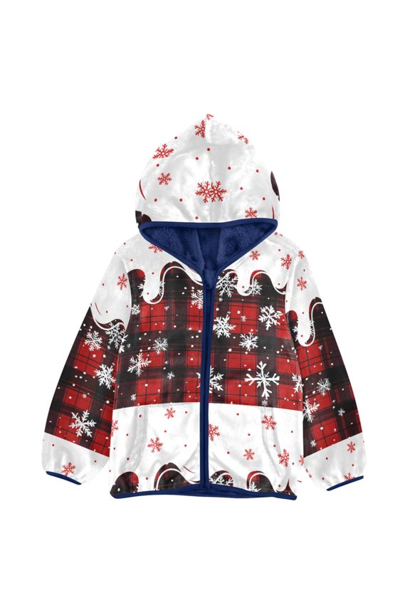 BZSMCE Double-Sided Sherpa Fleece Hooded Zipper Jacket Snowflake with Red Checkerboard Icecream Shape Pattern Batik Dye Method Print Warm Outerwear