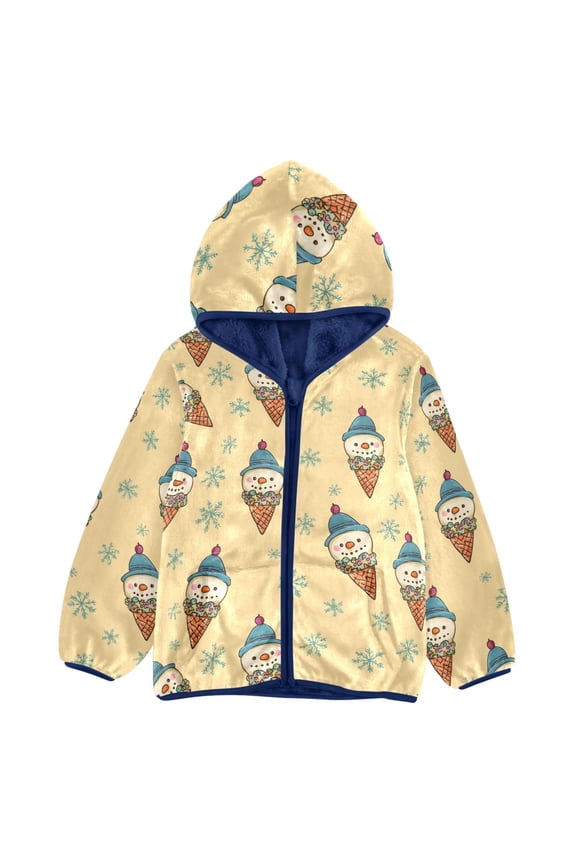 BZSMCE Double-Sided Sherpa Fleece Hooded Zipper Jacket Snowman Ice Cream Pattern Pattern Batik Dye Method Print Warm Outerwear