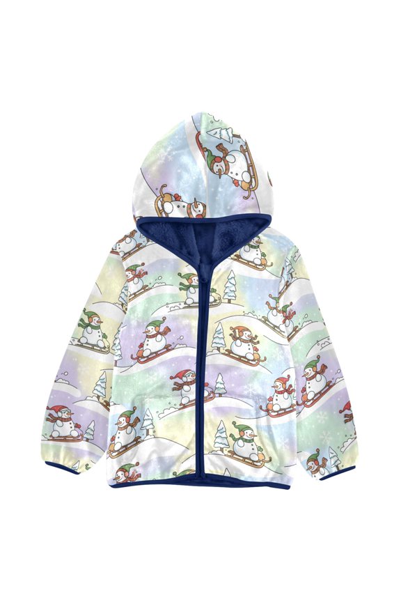 BZSMCE Double-Sided Sherpa Fleece Hooded Zipper Jacket Snowman Sledding Tree Pattern Pattern Batik Dye Method Print Warm Outerwear
