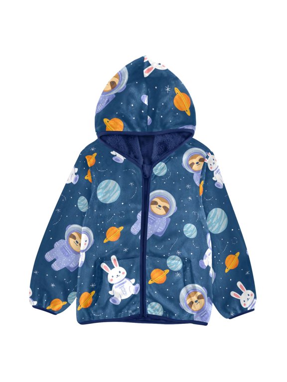 BZSMCE Double-Sided Sherpa Fleece Hooded Zipper Jacket Space Sloth Rabbit Pattern Pattern Batik Dye Method Print Warm Outerwear