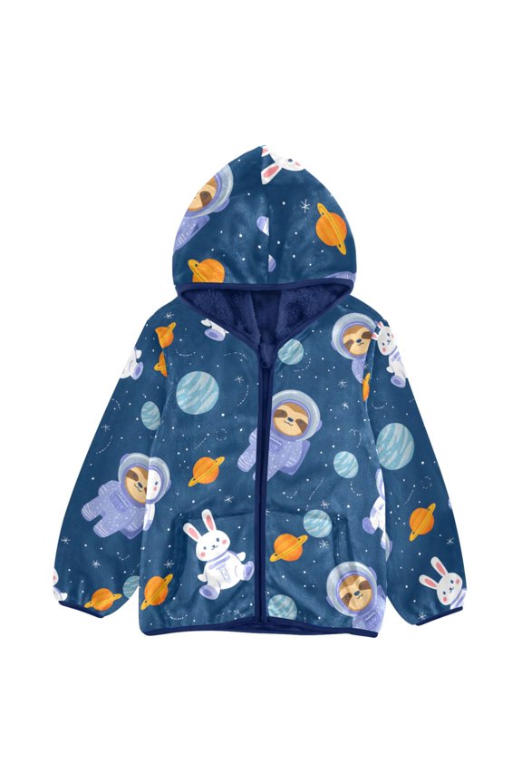 BZSMCE Double-Sided Sherpa Fleece Hooded Zipper Jacket Space Sloth Rabbit Pattern Pattern Batik Dye Method Print Warm Outerwear