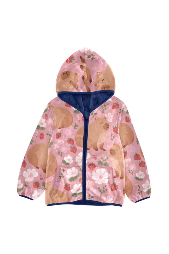 BZSMCE Double-Sided Sherpa Fleece Hooded Zipper Jacket Strawberry Capybara Pattern Pattern Batik Dye Method Print Warm Outerwear