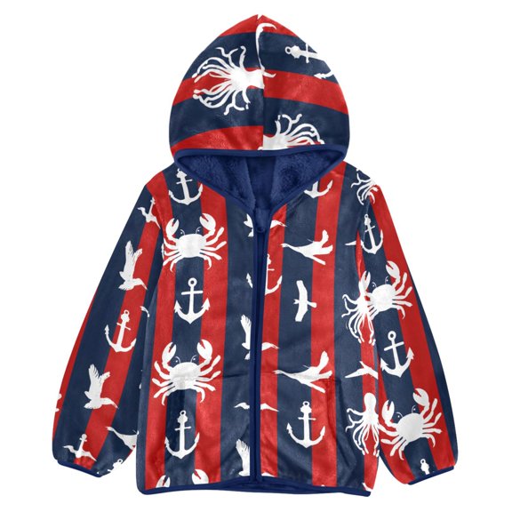 BZSMCE Double-Sided Sherpa Fleece Hooded Zipper Jacket Striped Background Crab Pattern Pattern Batik Dye Method Print Warm Outerwear