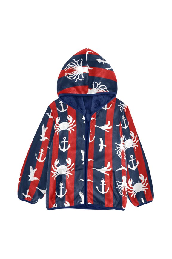 BZSMCE Double-Sided Sherpa Fleece Hooded Zipper Jacket Striped Background Crab Pattern Pattern Batik Dye Method Print Warm Outerwear