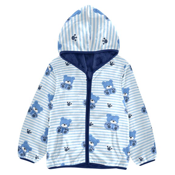 BZSMCE Double-Sided Sherpa Fleece Hooded Zipper Jacket Striped Bear Pattern Batik Dye Method Print Warm Outerwear
