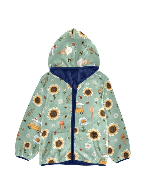 BZSMCE Double-Sided Sherpa Fleece Hooded Zipper Jacket Sunflower Car Ice Cream Pattern Pattern Batik Dye Method Print Warm Outerwear