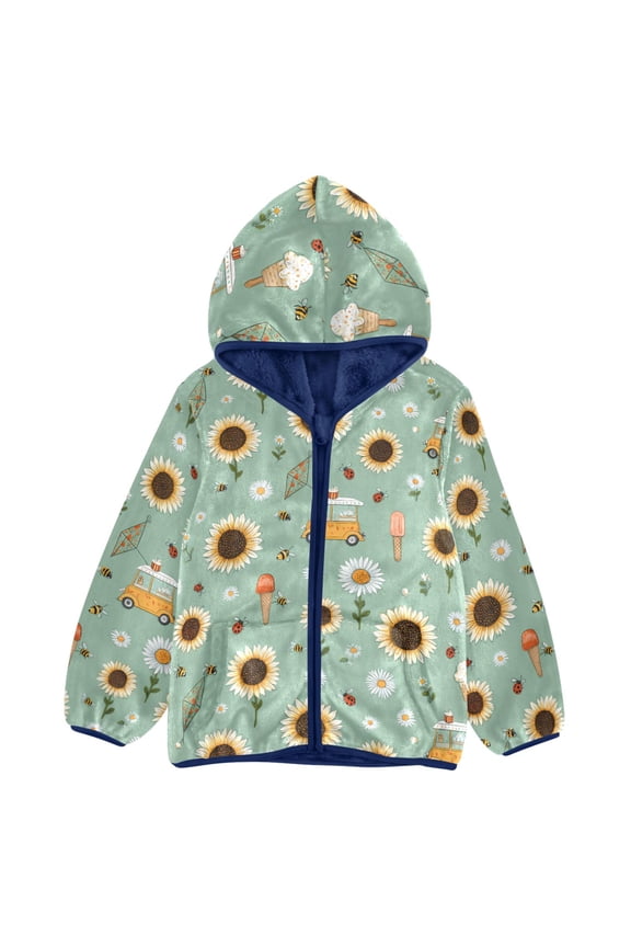 BZSMCE Double-Sided Sherpa Fleece Hooded Zipper Jacket Sunflower Car Ice Cream Pattern Pattern Batik Dye Method Print Warm Outerwear