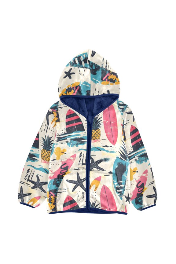 BZSMCE Double-Sided Sherpa Fleece Hooded Zipper Jacket Surfboard Starfish Pineapple Pattern Pattern Batik Dye Method Print Warm Outerwear