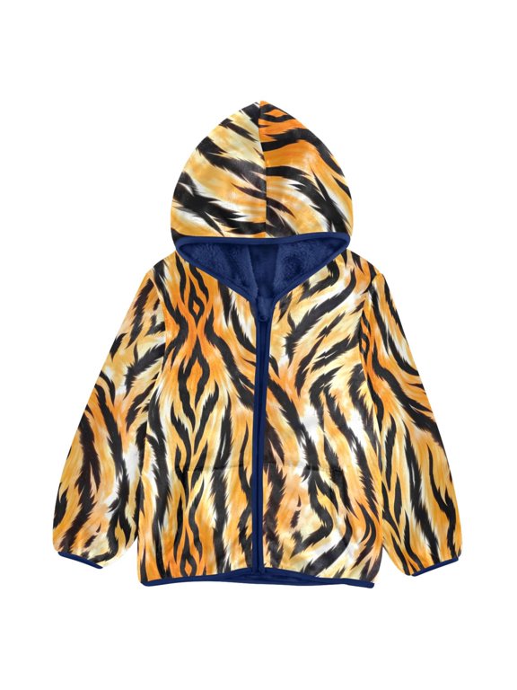 BZSMCE Double-Sided Sherpa Fleece Hooded Zipper Jacket Tiger Skin Pattern Batik Dye Method Print Warm Outerwear