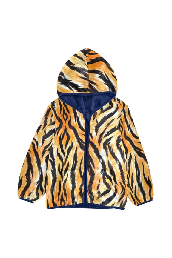 BZSMCE Double-Sided Sherpa Fleece Hooded Zipper Jacket Tiger Skin Pattern Batik Dye Method Print Warm Outerwear