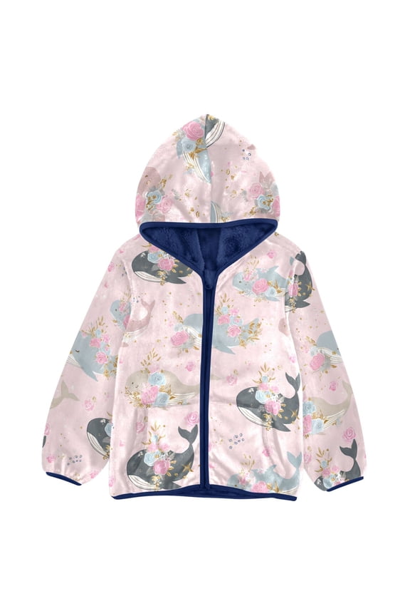 BZSMCE Double-Sided Sherpa Fleece Hooded Zipper Jacket Tiger Whale Rose Pattern Pattern Batik Dye Method Print Warm Outerwear