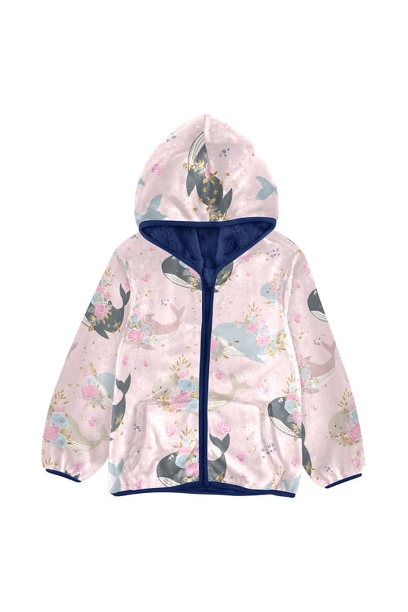 BZSMCE Double-Sided Sherpa Fleece Hooded Zipper Jacket Tiger Whale Rose Pattern Pattern Batik Dye Method Print Warm Outerwear