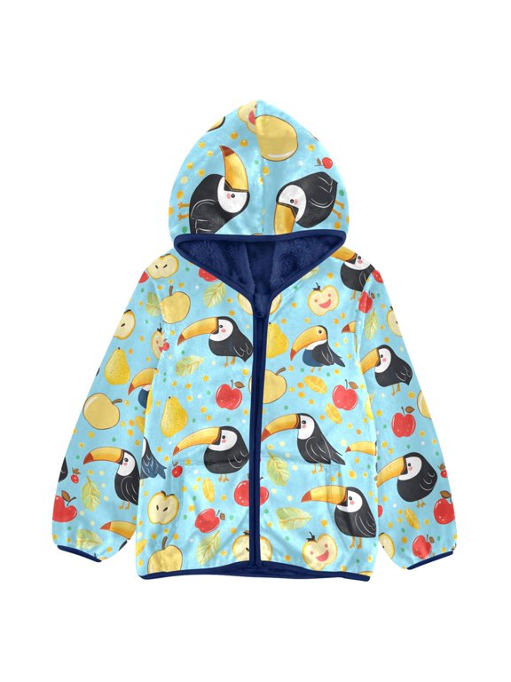 BZSMCE Double-Sided Sherpa Fleece Hooded Zipper Jacket Toucan Apple Pattern Pattern Batik Dye Method Print Warm Outerwear