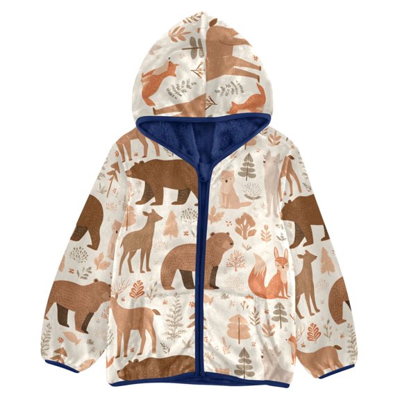 BZSMCE Double-Sided Sherpa Fleece Hooded Zipper Jacket Tree Bear Deer Fox Pattern Pattern Batik Dye Method Print Warm Outerwear