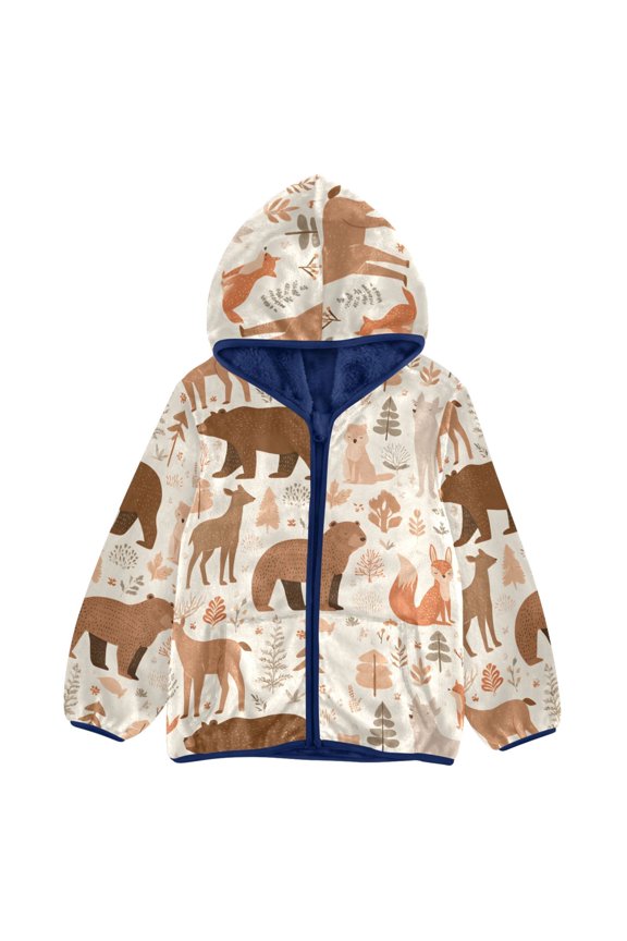 BZSMCE Double-Sided Sherpa Fleece Hooded Zipper Jacket Tree Bear Deer Fox Pattern Pattern Batik Dye Method Print Warm Outerwear
