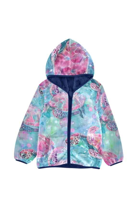 BZSMCE Double-Sided Sherpa Fleece Hooded Zipper Jacket Turtle Fantasy Watercolor Pattern Pattern Batik Dye Method Print Warm Outerwear