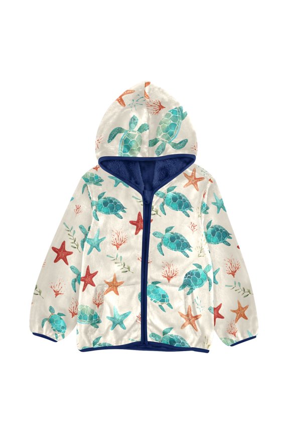 BZSMCE Double-Sided Sherpa Fleece Hooded Zipper Jacket Turtle and Starfish Pattern Pattern Batik Dye Method Print Warm Outerwear