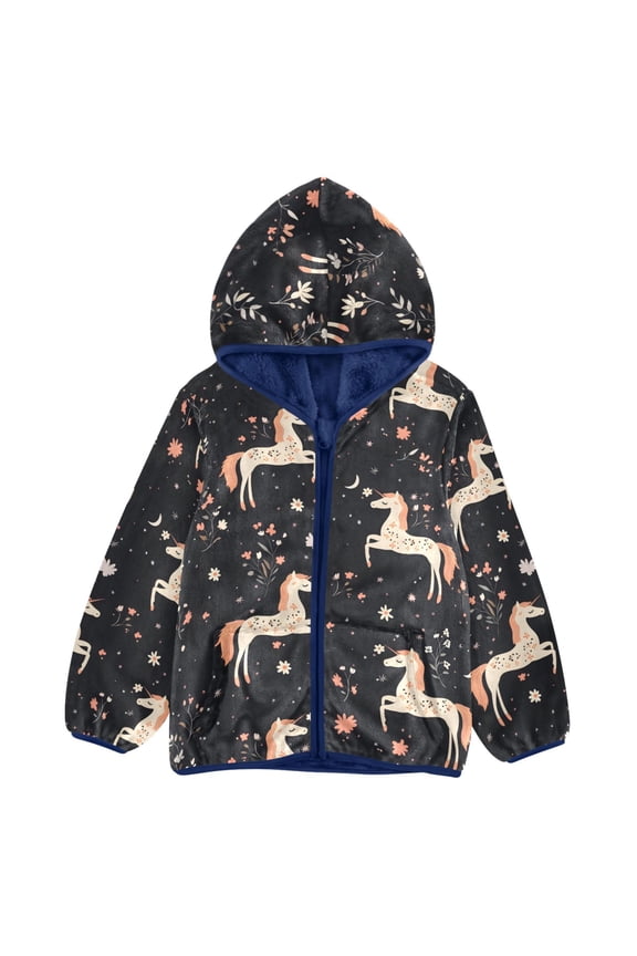 BZSMCE Double-Sided Sherpa Fleece Hooded Zipper Jacket Unicorn Moon Flower Pattern Batik Dye Method Print Warm Outerwear