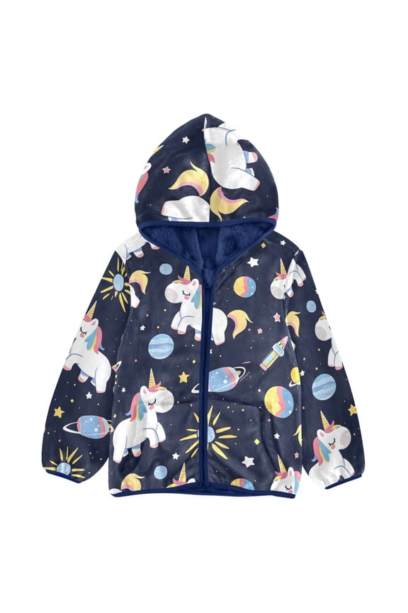 BZSMCE Double-Sided Sherpa Fleece Hooded Zipper Jacket Unicorn Planet Star Sun Pattern Pattern Batik Dye Method Print Warm Outerwear