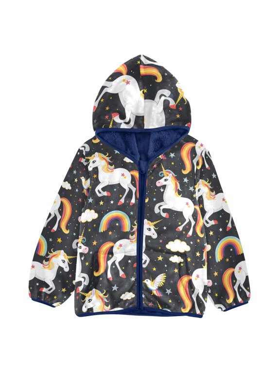 BZSMCE Double-Sided Sherpa Fleece Hooded Zipper Jacket Unicorns Rainbows Pattern Pattern Batik Dye Method Print Warm Outerwear