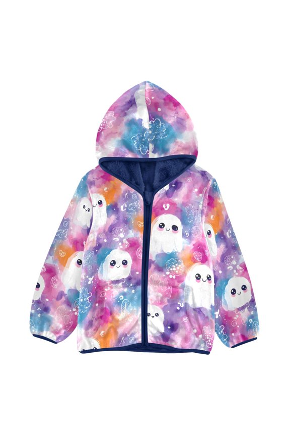BZSMCE Double-Sided Sherpa Fleece Hooded Zipper Jacket Watercolor Background Ghost Pattern Pattern Batik Dye Method Print Warm Outerwear