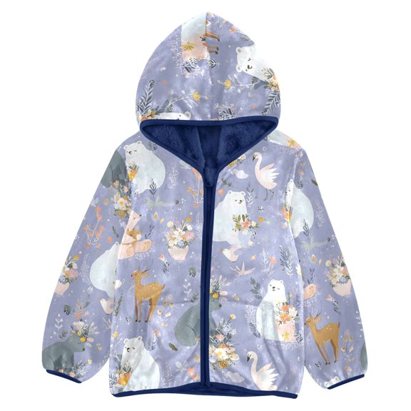 BZSMCE Double-Sided Sherpa Fleece Hooded Zipper Jacket White Bear Pattern Pattern Batik Dye Method Print Warm Outerwear