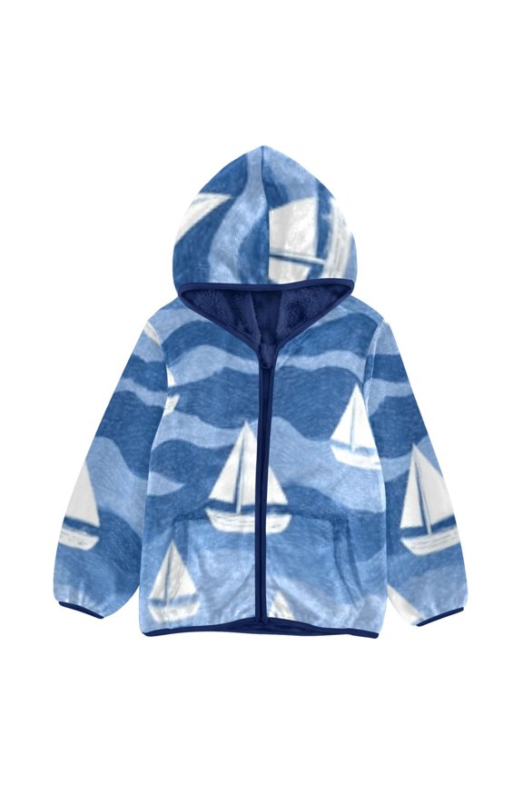 BZSMCE Double-Sided Sherpa Fleece Hooded Zipper Jacket White Boat Sea Pattern Pattern Batik Dye Method Print Warm Outerwear