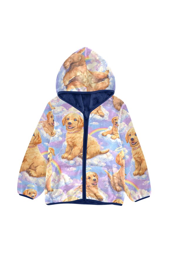 BZSMCE Double-Sided Sherpa Fleece Hooded Zipper Jacket White Clouds Dog Rainbow Pattern Pattern Batik Dye Method Print Warm Outerwear