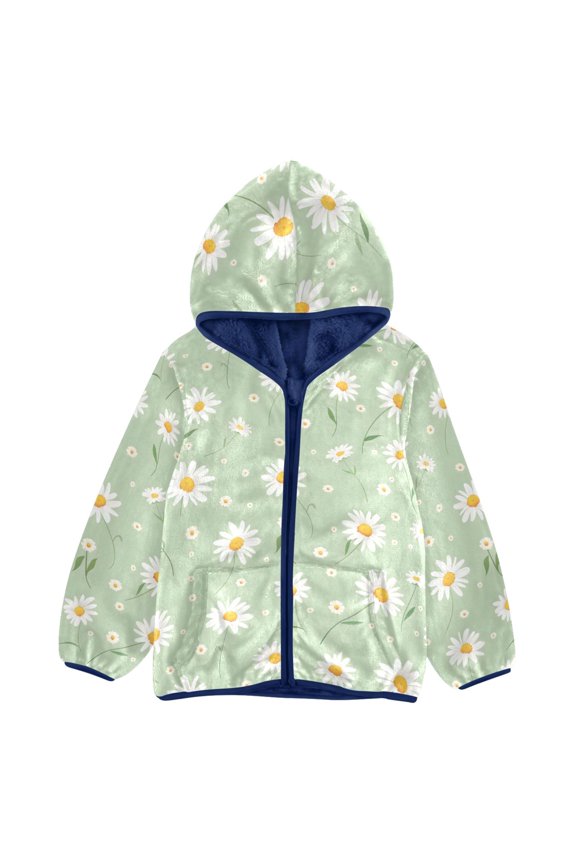 BZSMCE Double-Sided Sherpa Fleece Hooded Zipper Jacket White Daisy Flowers Pattern Pattern Batik Dye Method Print Warm Outerwear