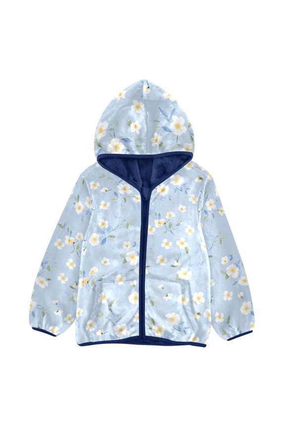 BZSMCE Double-Sided Sherpa Fleece Hooded Zipper Jacket White Flower Pattern Batik Dye Method Print Warm Outerwear