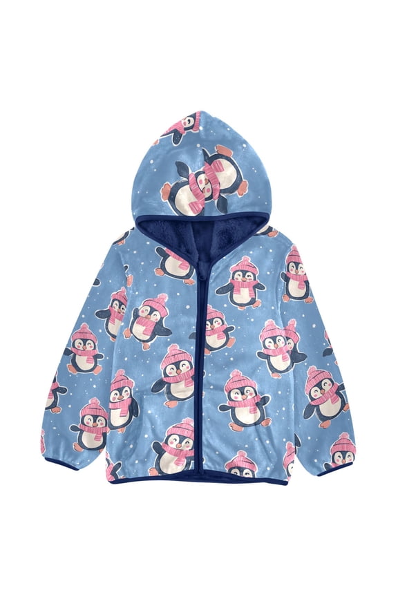 BZSMCE Double-Sided Sherpa Fleece Hooded Zipper Jacket Winter Hand-painted Penguin Pattern Pattern Batik Dye Method Print Warm Outerwear