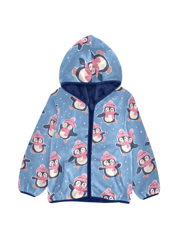 BZSMCE Double-Sided Sherpa Fleece Hooded Zipper Jacket Winter Hand-painted Penguin Pattern Pattern Batik Dye Method Print Warm Outerwear