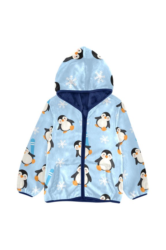 BZSMCE Double-Sided Sherpa Fleece Hooded Zipper Jacket Winter Snowflake Penguin Pattern Pattern Batik Dye Method Print Warm Outerwear